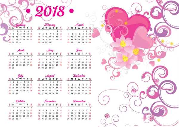 Calendar with hearts and flowers — Stock Photo, Image