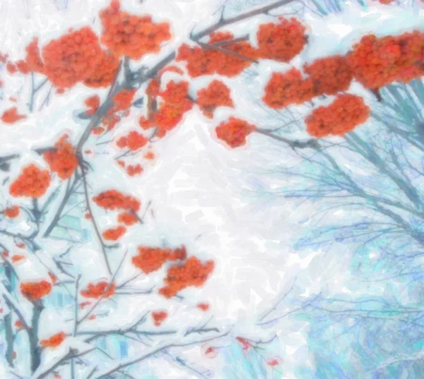 Hiver Rouge Rowan Baies Branches Arbres Aquarelle Illustration Fond — Photo