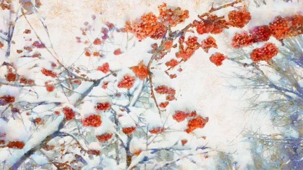 Winter Rode Rowan Bessen Boom Takken Aquarel Illustratie Achtergrond — Stockfoto