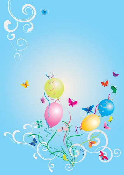 蓝色模板 带有气球和蝴蝶夏季派对 — 图库照片