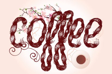 Kahve, sakura çiçekleri ve dekoratif bardakla çizilmiş el yazısı. 