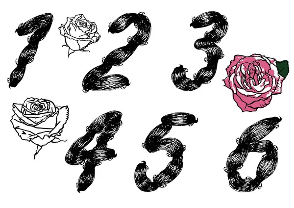Números Dibujados Mano Vector Negro Con Ilustración Rosa — Vector de stock