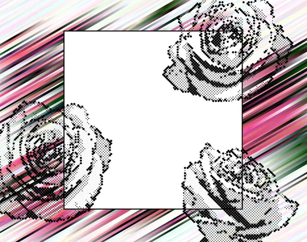 Halhtone Roses Magenta Black White Green Stripes Background Frame — Stock Vector