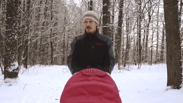 Man with baby carriage in forest — Stock Video