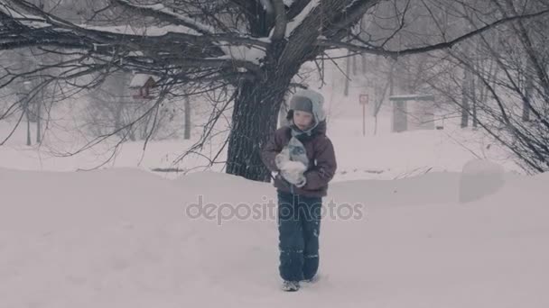 Kind in het park in de sneeuw spelen. Portret van de jongen. — Stockvideo