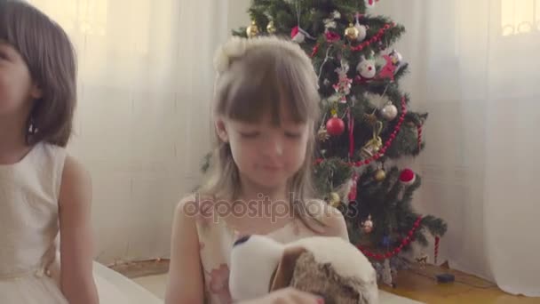 Een meisje met gevulde hond in de buurt van de kerstboom — Stockvideo
