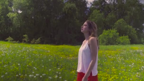 Young woman walking on the meadow — Stock Video