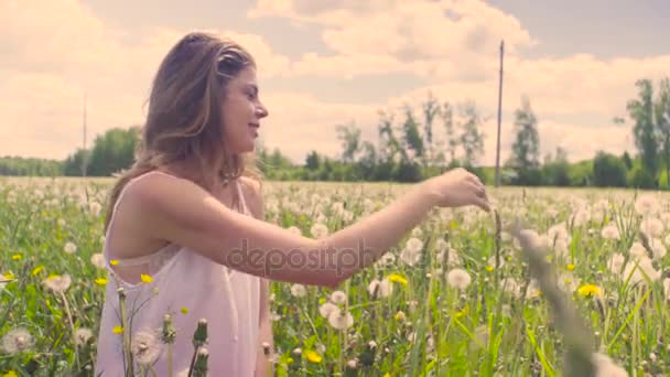 Jeune femme assise sur la prairie — Video