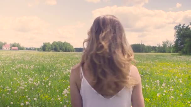 Молодая женщина ходит по лугу — стоковое видео
