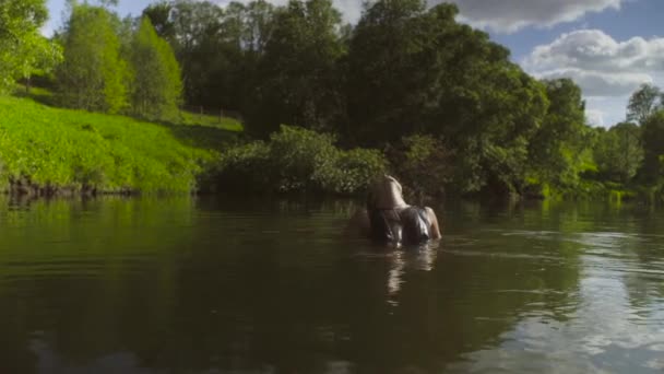 Uma jovem mulher tomando banho em um rio da floresta — Vídeo de Stock