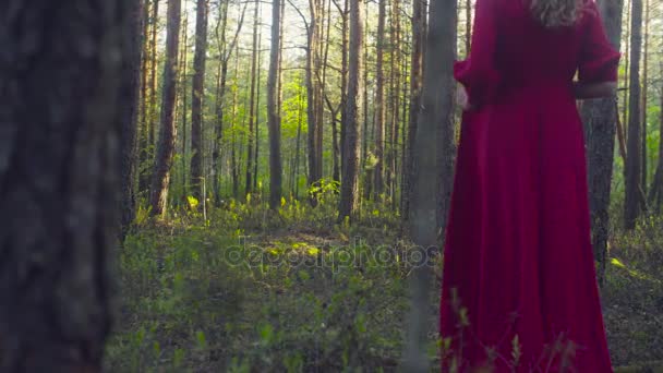 jeune femme en robe rouge marchant dans la forêt