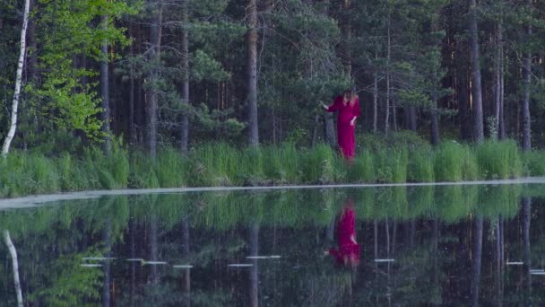 Jeune femme marchant dans la forêt près du lac 