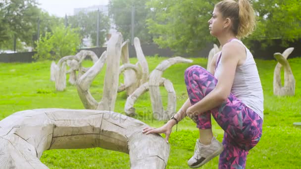 Ung kvinna som tränar yoga i parken — Stockvideo