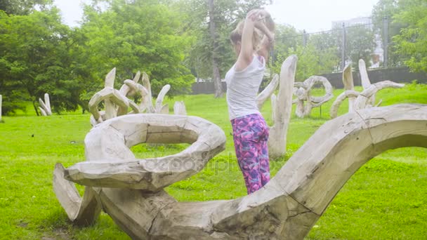 Young woman doing yoga exercises in the park — Stock Video