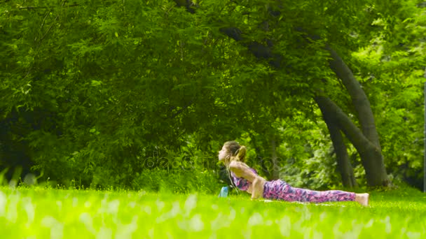 Jonge vrouw doet yoga oefeningen in het park — Stockvideo