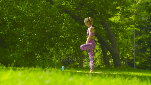 Młoda kobieta robi ćwiczenia jogi w parku — Wideo stockowe