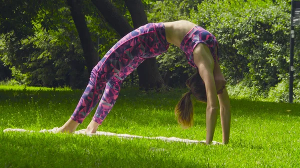 Mujer joven haciendo ejercicios de yoga en el parque — Foto de Stock