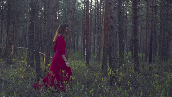 Νεαρή γυναίκα με κόκκινο φόρεμα περπατώντας στο δάσος — Φωτογραφία Αρχείου