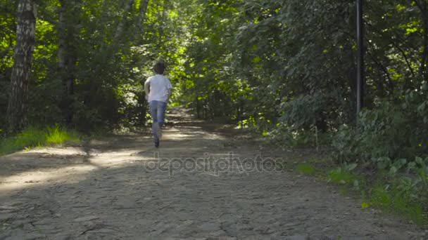 Мальчик бежит по аллее в парке — стоковое видео