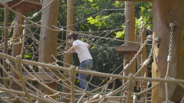 Un niño trepando en un parque infantil — Vídeo de stock
