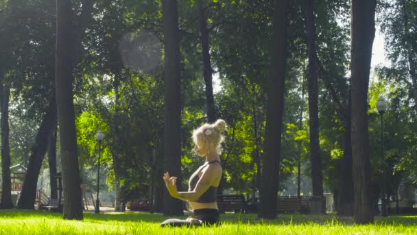 Jeune femme méditant dans le parc — Video