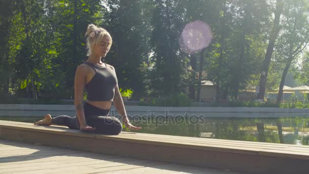 Parkta yoga egzersizi yapan genç bir kadın. — Stok video