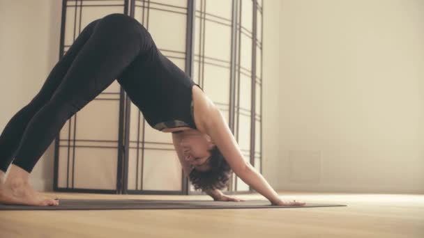 Eine junge Frau führt Yoga-Asanas in der Halle vor. — Stockvideo