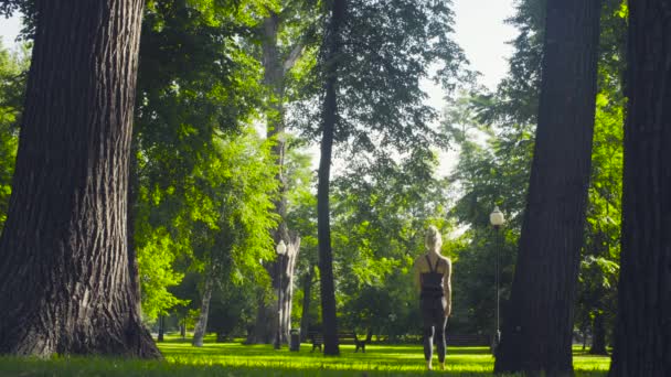 Mladá žena chůze naboso na trávě — Stock video