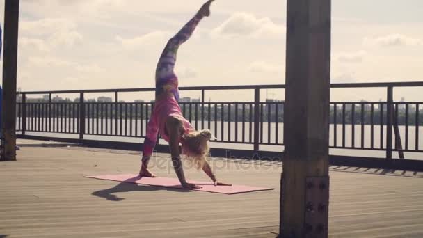 Femme attrayante faisant des exercices de yoga à l'extérieur — Video