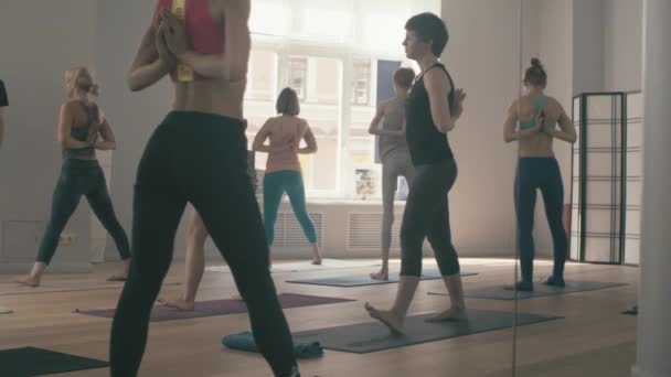 Grupo de personas haciendo asanas de yoga en estudio — Vídeo de stock