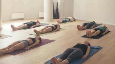 Bir grup insan yoga asanas Studio yapıyor
