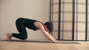 Genç bir kadının Yoga-asanas yapması