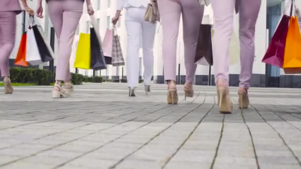 Öt vonzó üzleti nők séta a városban — Stock videók