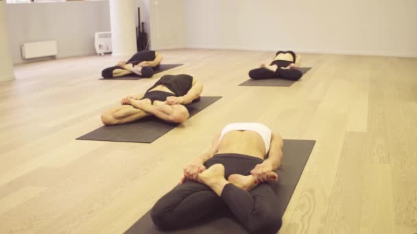 Yoga sınıfı. İnsanlar yoga egzersizleri yapıyor — Stok video