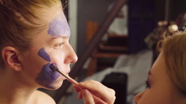 Face art. The make-up artist begining to paint — Stock Video