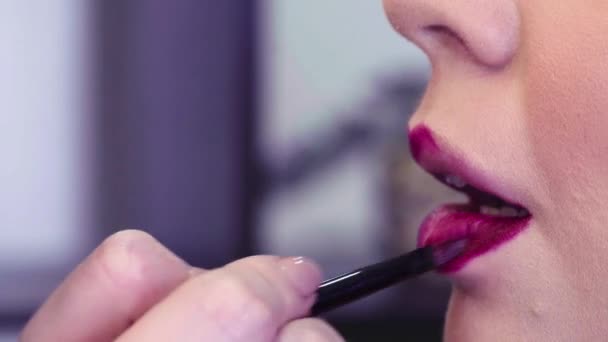 Maquillaje artista aplicando brillo de labios rosa en los labios — Vídeos de Stock