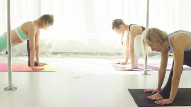 İki kadın Studio yoga egzersizleri yapıyor. — Stok video
