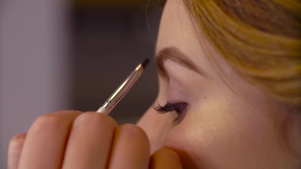 The makeup artist correcting the shape of eyebrow — Stock Video