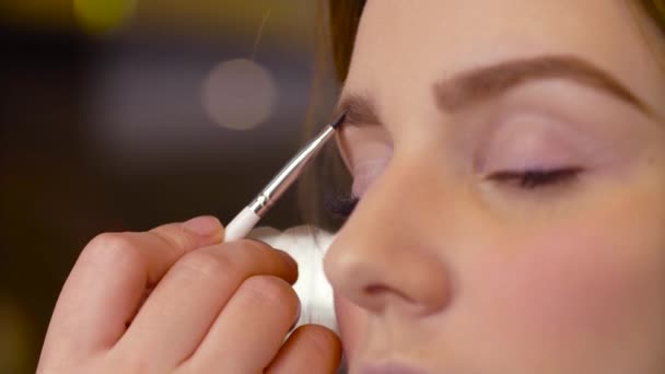 The makeup artist correcting the shape of eyebrow — Stock Video