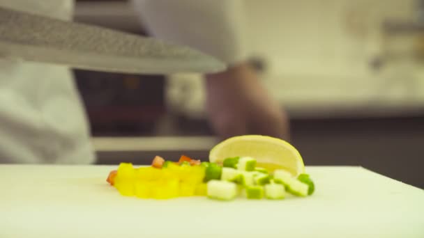 칼으로 채소를 절단 하는 요리사의 손 — 비디오