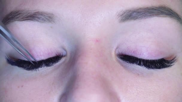 Olhos de mulher. Cosmetologist pentear pestanas — Vídeo de Stock