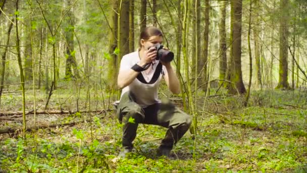 Ekolog, Dokonywanie zdjęcia w lesie. — Wideo stockowe