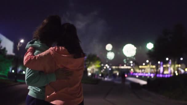 Visão traseira. Casal abraço contra fogos de artifício — Vídeo de Stock