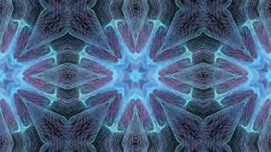 Animasyon Mandala. Yuvarlak soyut geometrik desen. Animasyon arka plan, ekran koruyucu. Pembe ve mavi yıldızlar, çizgiler, üçgenler ve çiçekler siyah arkaplanda.