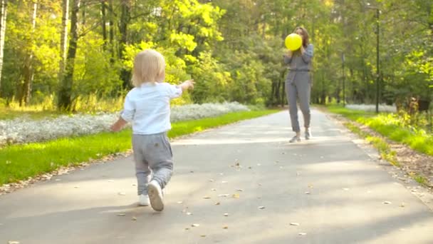 Jeune mère et drôle de bébé dans le parc — Video