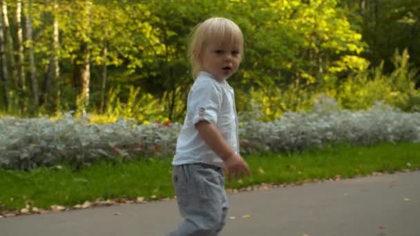 Petit garçon marchant le long de la route dans le parc 