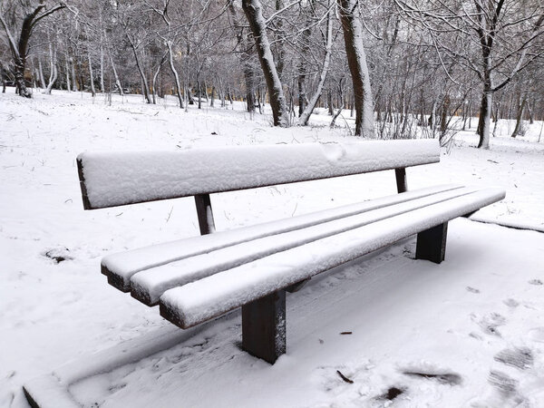 Wooden bench in the snow. Park, winter in Ukraine