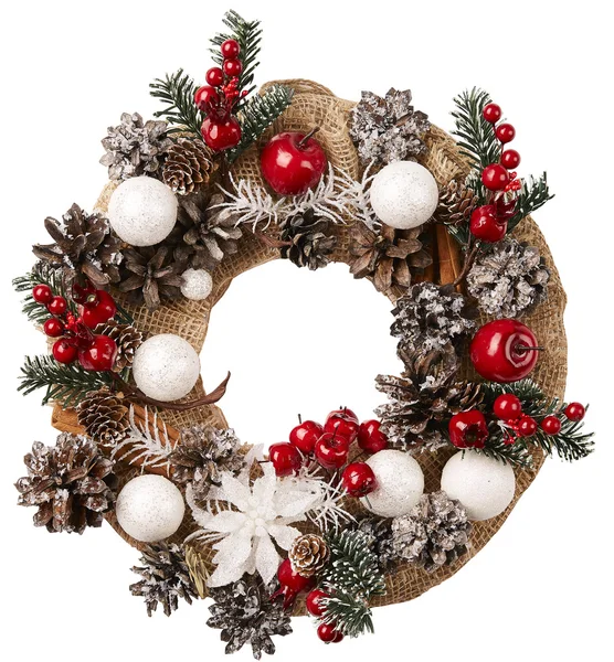 Wreath Christmas Decoration White Isolated, Cone Berry Burlap Cloth — Stock Photo, Image