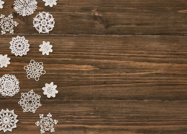 Snowflakes Wood Background, Christmas Snow Flake Lace Decoration — Stock Photo, Image