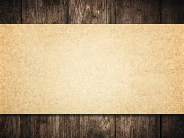 Alter Papierhintergrund auf Holzwand, braune Papierstruktur, Holzplanken — Stockfoto